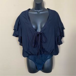 Intimately Free People Call Me Later Navy Blue Ruffle Sleeve Bodysuit